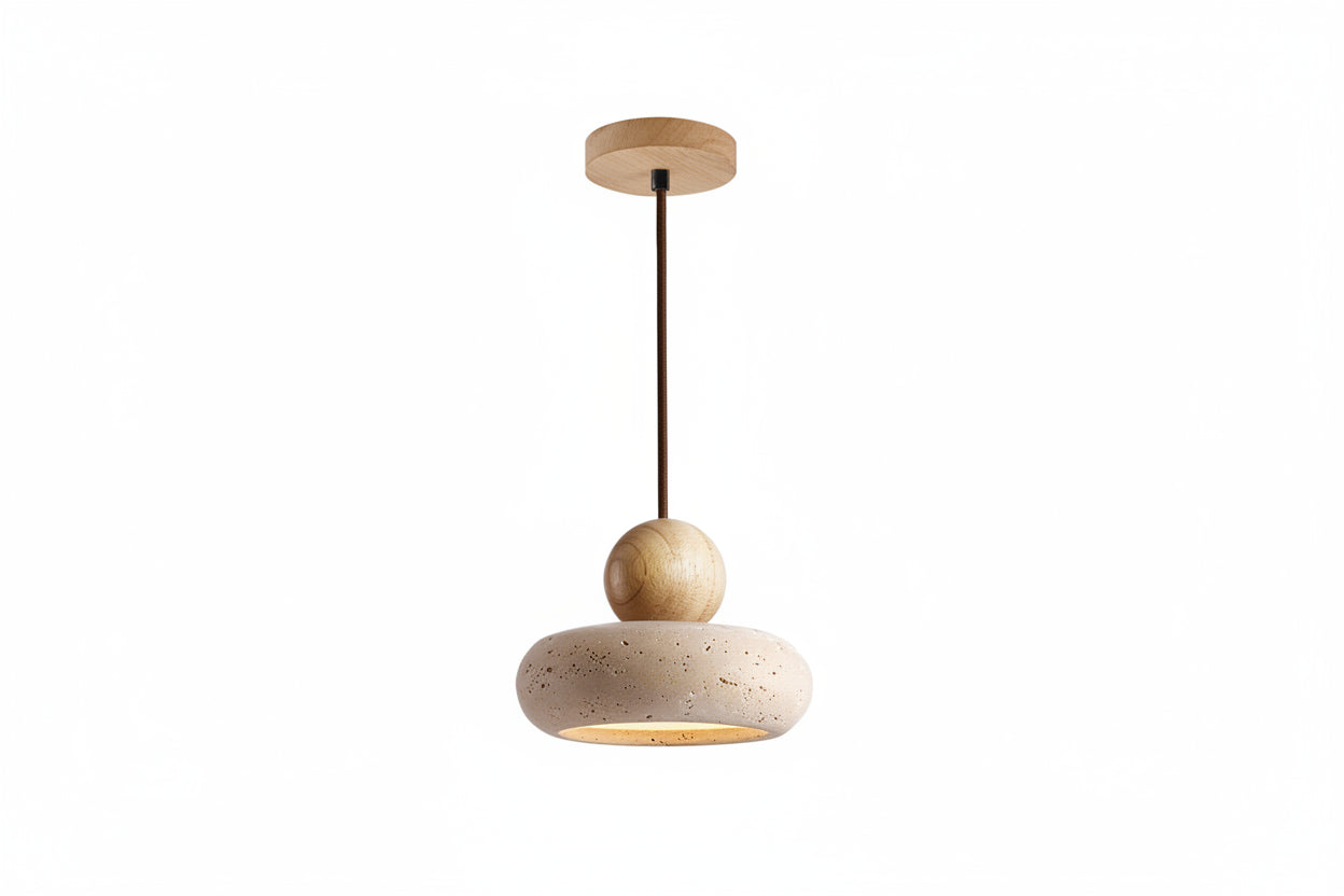 Beige pendant light with wooden accents on a white background