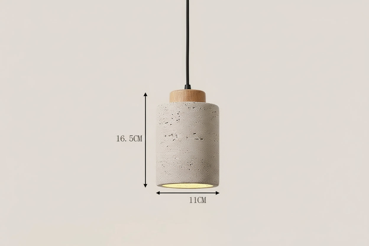 Pendant light with concrete shade and wooden top, dimensions shown on a beige background