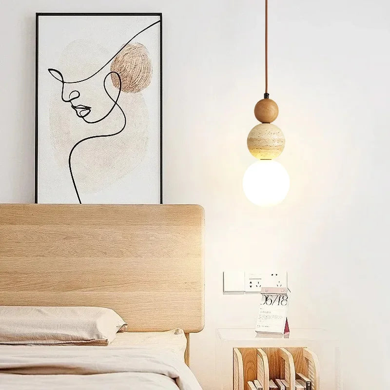 Handcrafted cream stone and wood chandelier