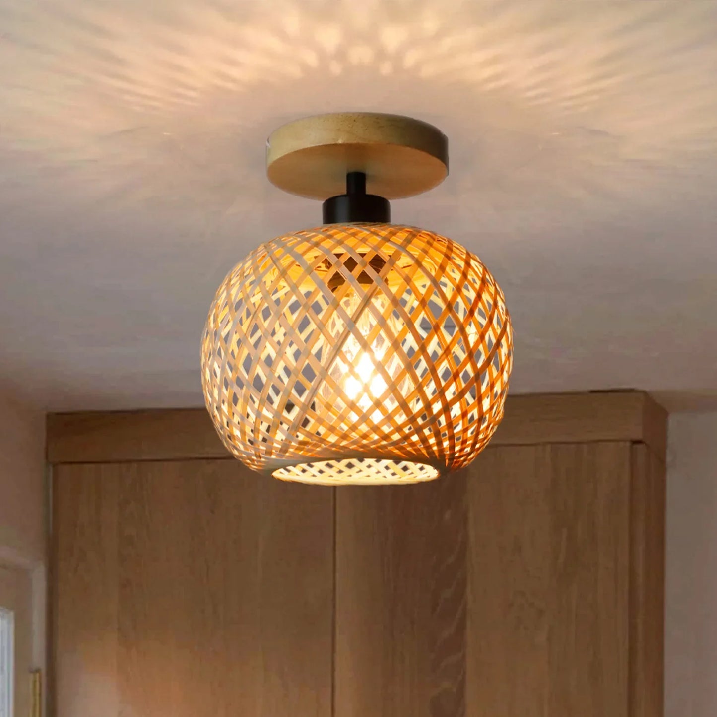 Nordic woven bamboo ceiling lamp with integrated LED light