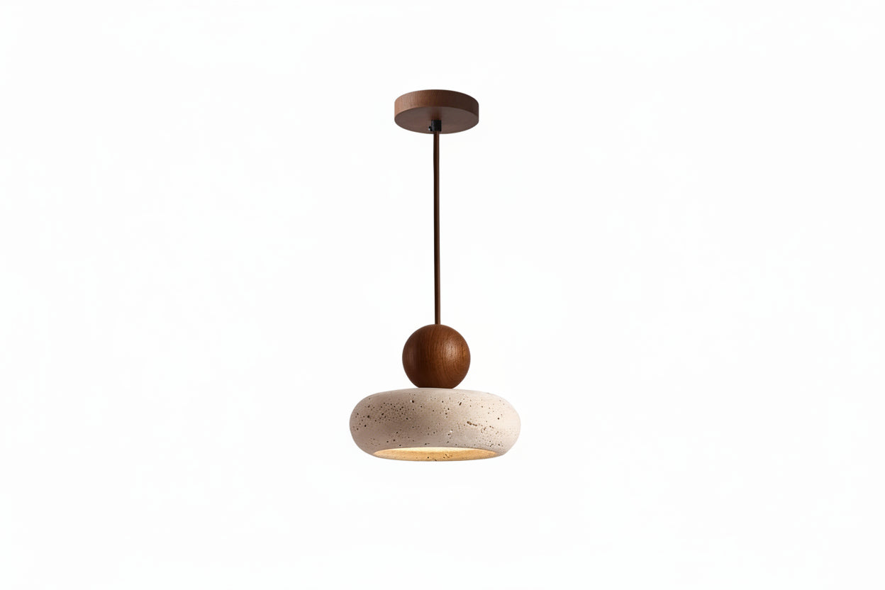 Pendant light with a wooden finish on a white background