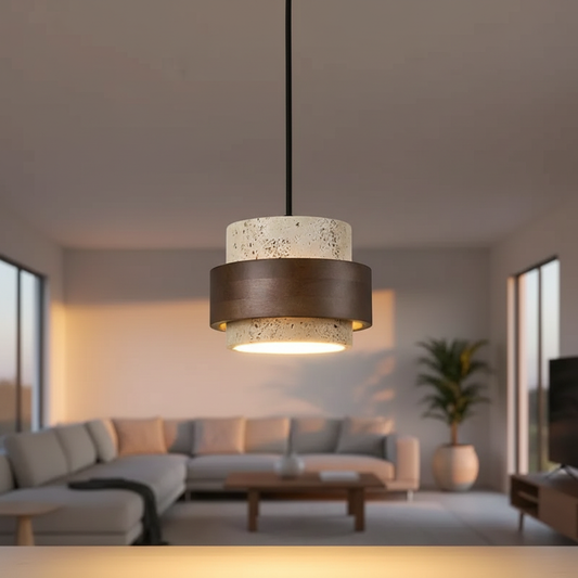 Retro stone and wood LED pendant light in modern living room with warm evening glow