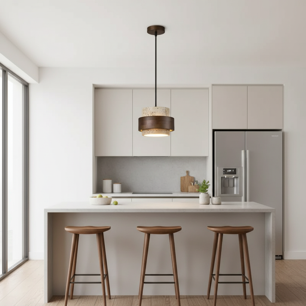 Retro stone and wood LED pendant light installed in modern interior