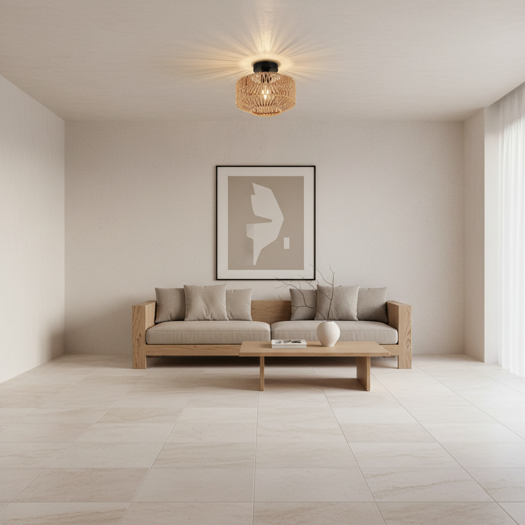 Handwoven Natural Bamboo & Rattan Ceiling Light in Contemporary Japandi Living Room - Wide View