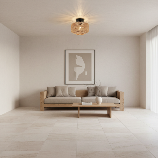 Handwoven Natural Bamboo & Rattan Ceiling Light in Contemporary Japandi Living Room - Wide View