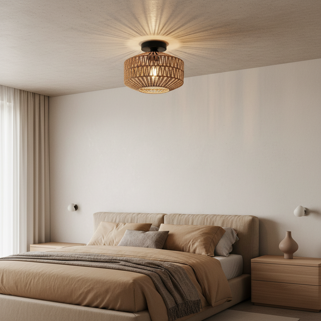 Handwoven Natural Bamboo & Rattan Ceiling Light in Quiet-Luxury Japandi Bedroom