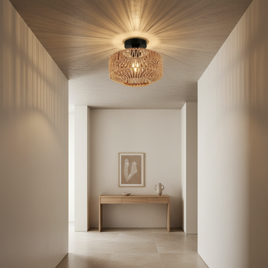 Handwoven Natural Bamboo & Rattan Pendant Light in Contemporary Japandi Hallway