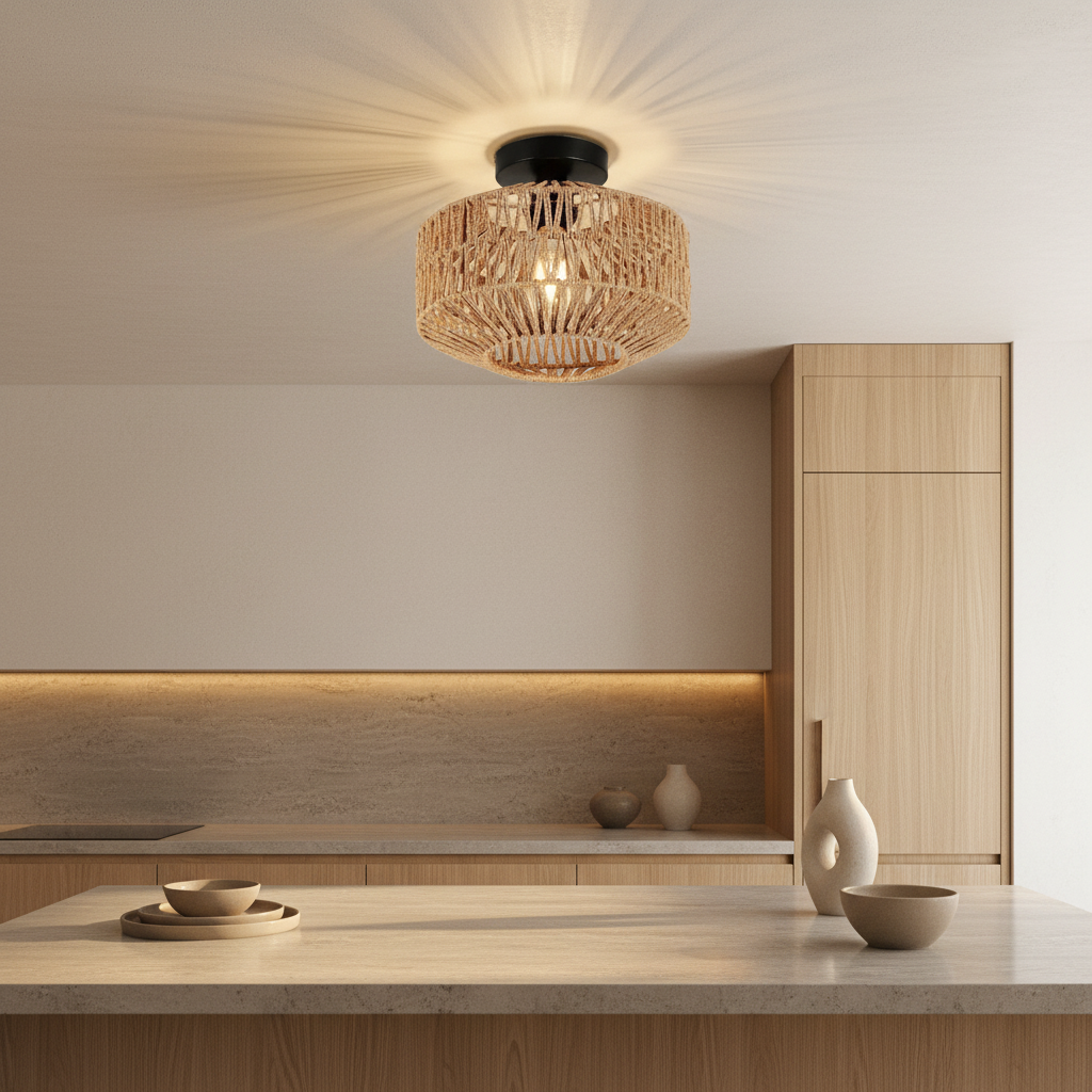 Handwoven Natural Bamboo & Rattan Pendant Light in Contemporary Japandi Kitchen