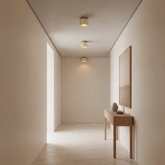 Japandi hallway incredibly tiny ceiling lamps true scale luxury e-commerce image