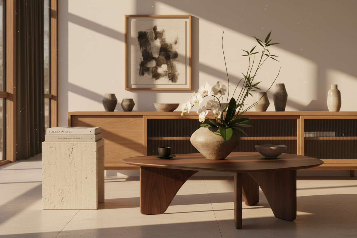 Modern Japanese-Inspired Furnishings with Dramatic Lighting